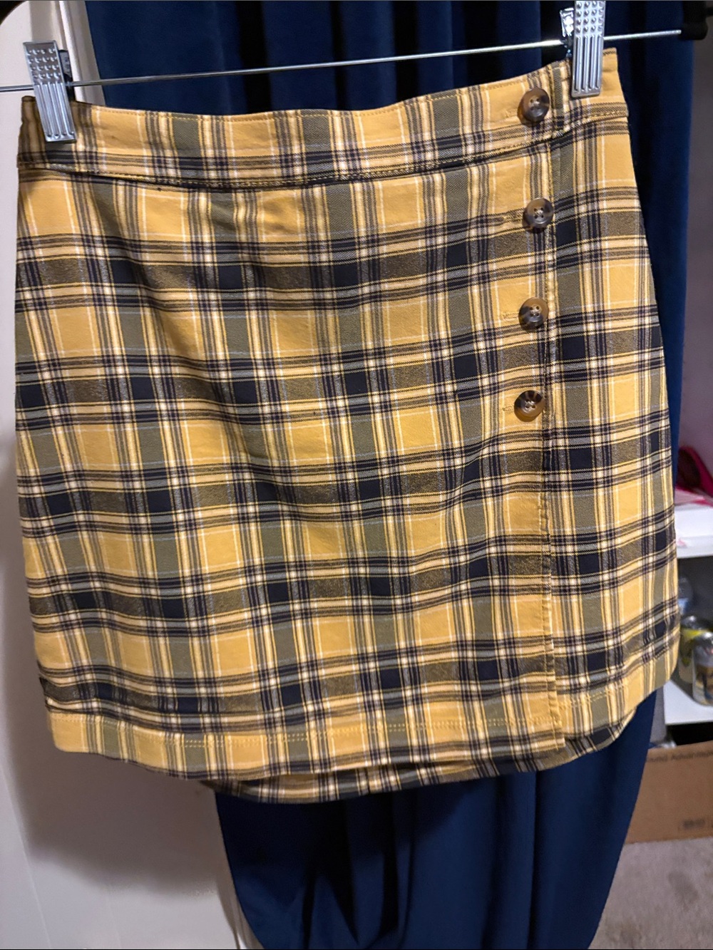 Hollister Yellow and Black Plaid Mini Skirt with Button Side Detail